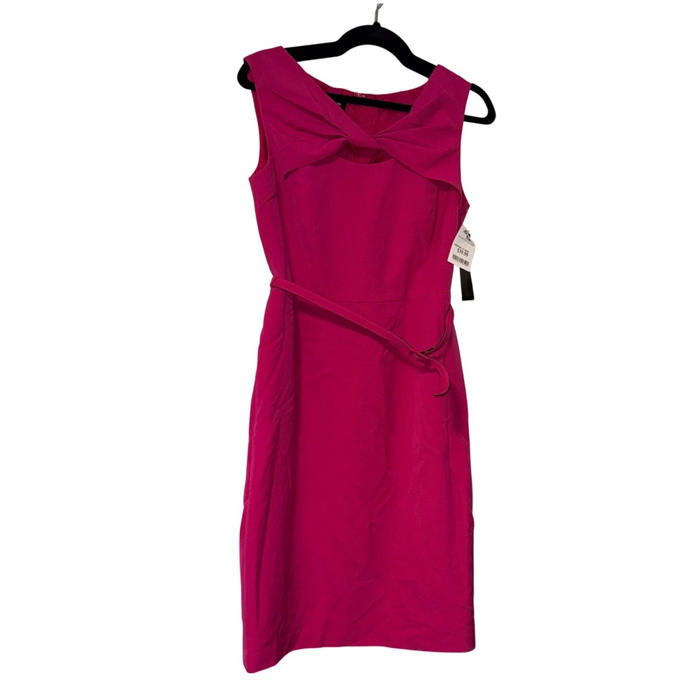 Jones New York Sheath Dress Womens 8 Fuchsia Crush Pink Bow Neck Belted NWT